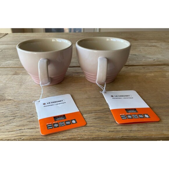 Le Creuset Stoneware Set of 2 Bistro Mug Giant Cappuccino 14 oz Shell Pink NEW - Picture 3 of 9